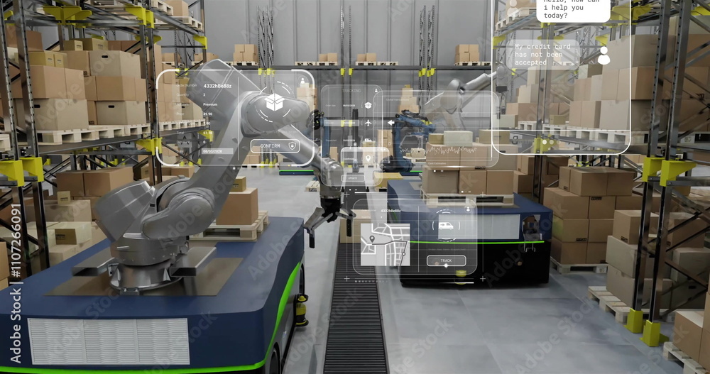 Aufkleber image of diagrams and data processing over machines working in warehouse
