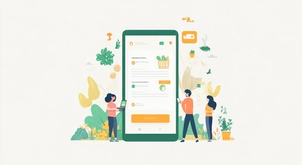 Illustration of a mobile app interface surrounded by plants and people engaged in activity.