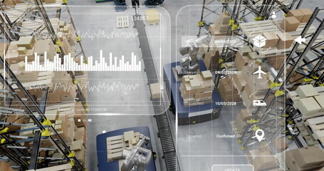 Image of diagrams and data processing over machines working in warehouse