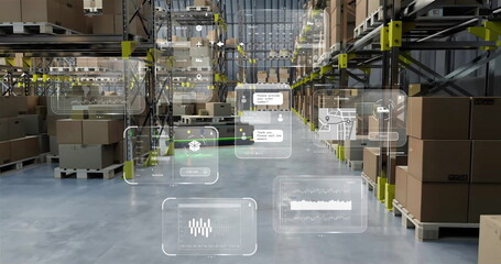 Image of data processing and diagrams over warehouse