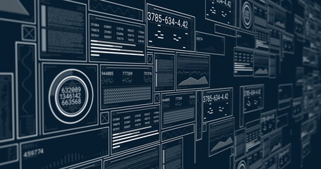 Image of digital data processing on screens over dark background
