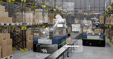 Image of data processing and diagrams over warehouse
