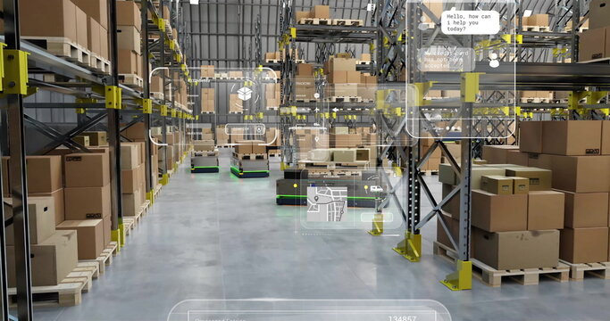 Image of diagrams and data processing over machines working in warehouse