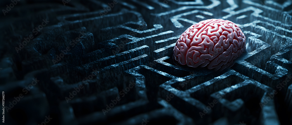 Poster brain navigating complex maze: conceptual image of problem solving and intelligence