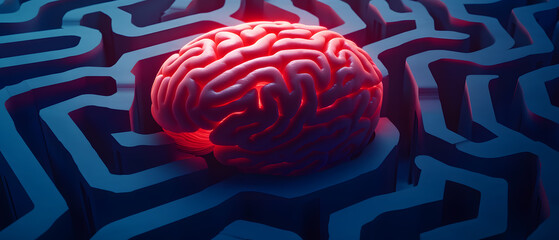 Obraz premium Illuminated Brain Navigating Complex Maze: Problem Solving and Cognitive Function Concept
