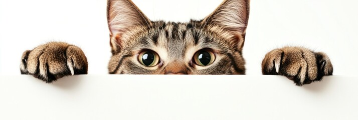Fototapeta premium A curious cat peeking over a white surface, showcasing its playful nature.