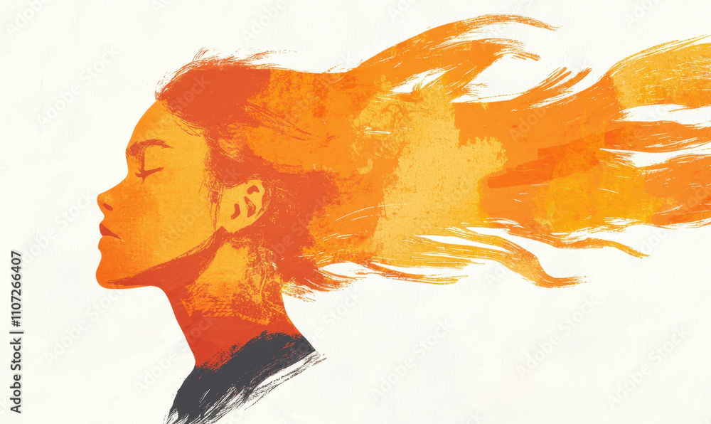 Poster dynamic abstract portrait illustration of profile with fiery flowing hair capturing emotion and move