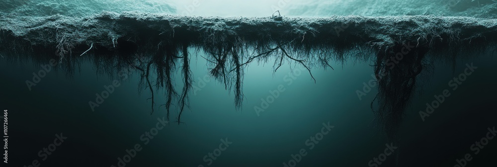 Poster dark underwater scene with roots and light filtering through the surface.