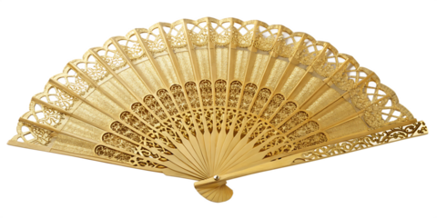 Golden Traditional Chinese Fan isolated on white background as transparent. PNG. AI GENERATED.