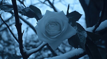 A single, snow-covered white rose on a branch in winter.