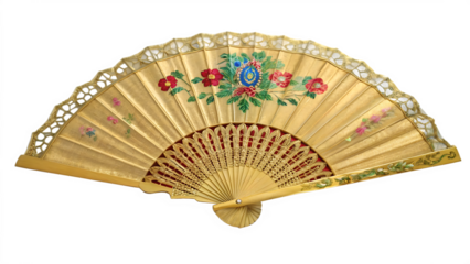 Golden Traditional Chinese Fan isolated on white background as transparent. PNG. AI GENERATED.