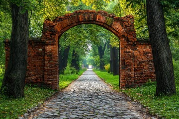 Brick Archway Leads to Cobblestone Path in Lush Green Garden
