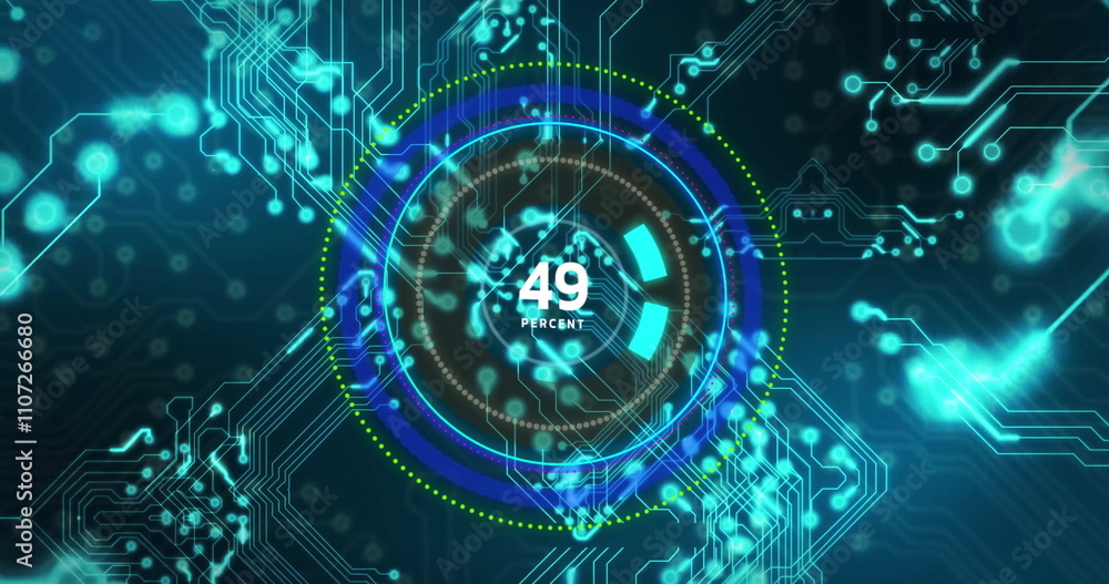 Poster image of speedometer numbers and data processing over circuit board on black background