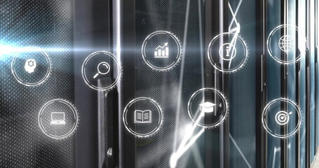 Image of netwrok of connections with icons and data processing over computer servers