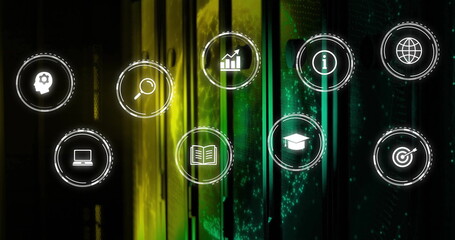 Image of netwrok of connections with icons and data processing over computer servers
