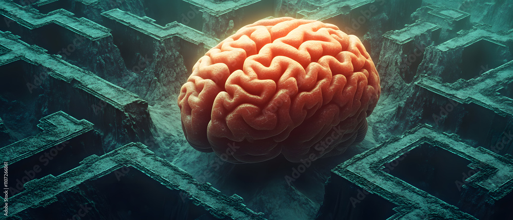Aufkleber human brain navigating complex labyrinth, abstract concept of problem solving