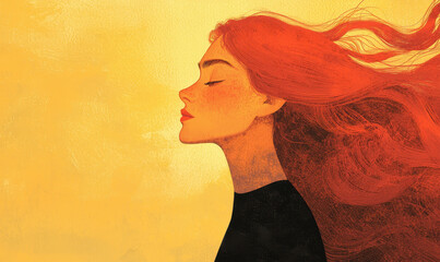 Captivating Illustration of Redhead Profile Embracing the Wind in a Serene and Vibrant Context of Art and Lifestyle