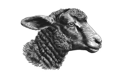 Sheep, lamb. Vintage retro print, black white sheep lamb sketch ink pencil style drawing, engrave old school. Sketch artwork silhouette farm sheep lamb. Side view profile. Illustration
