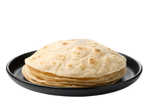 Stack of Freshly Baked Flatbreads on a Black Plate  isolated on white background as transparent. PNG. AI GENERATED