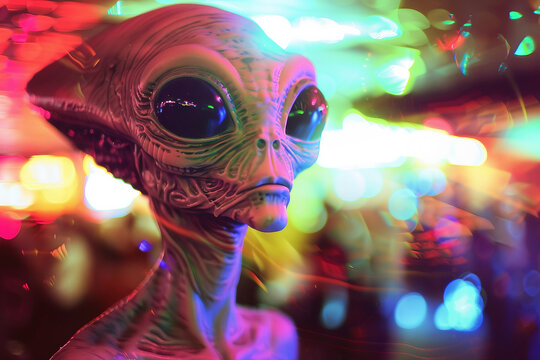 Image of extraterrestrial alien in glowing light night club generative AI