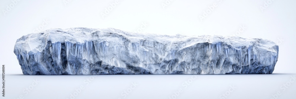 Poster a large, textured ice block with a rugged surface against a plain background.