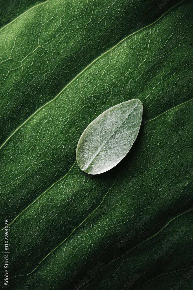 Poster closeup of a single leaf against a large green leaf background: exploring the intricate textures and