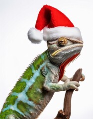 Cute chameleon with Santa Claus hat on white background