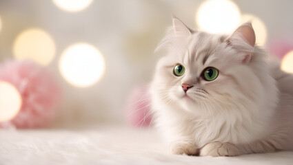 Fototapeta premium Close-up of cute cat gazing at something with beautiful bokeh background ,fluffy white cat sits on a bed with a pink pillow