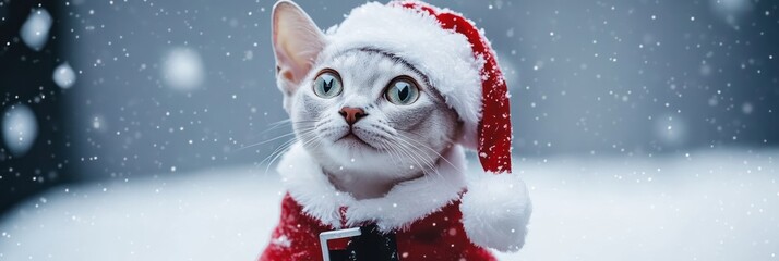 A festive cat wearing a Santa hat and coat, surrounded by falling snowflakes.