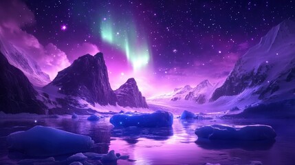 Naklejka premium Enchanting Aurora Over Icy Landscape at Night