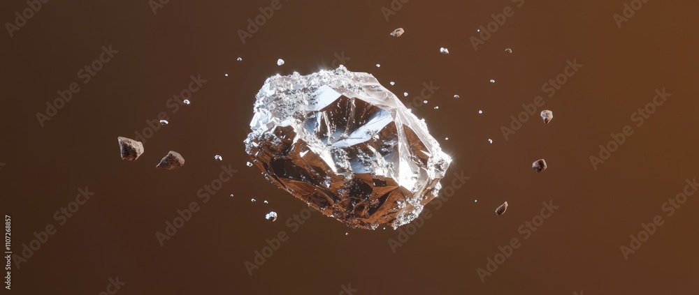 Poster a floating crystal rock surrounded by small particles in a surreal setting.
