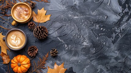 Autumn-themed flat lay with pine cones, pumpkins, dried leaves, and pumpkin latte on dark grey surface, top view, empty space. Warm, seasonal flat lay for Fall and Thanksgiving.