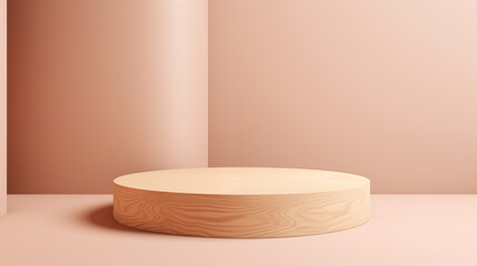 minimal abstract background with a round wooden podium and soft lighting, elegant and clean design for product presentation