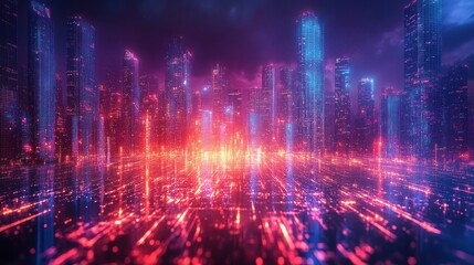 Obraz premium Futuristic cityscape at night with vibrant neon lights and glowing energy streams.