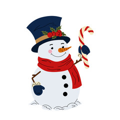 Cute snowman with candy cane. Christmas character for cards, posters, prints. Vector illustration of snowman on white background.