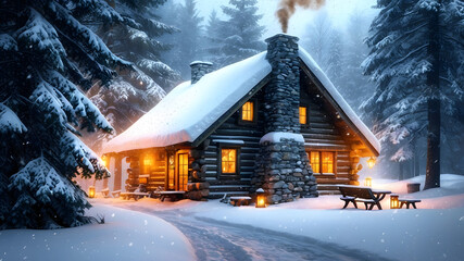 A cozy cabin in the woods with smoke rising from the chimney, surrounded by snow and illuminated by warm lights