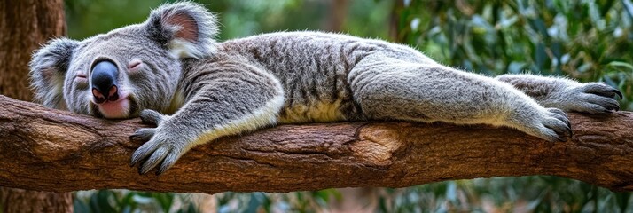 Obraz premium A sleeping koala rests on a branch in a natural setting.