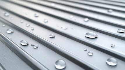 Rain Drops on a Metallic Roof: A Textured Close-up.Concept of Rainy weather, minimalism, industrial design, texture, nature,Architecture, interior design, web design, graphic design, advertising.