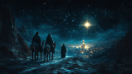 Fototapeta premium a couple of people riding horses in a dark city