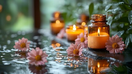 Spa setting with candles, essential oils, and fresh flowers