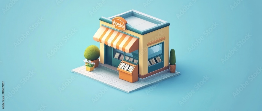Poster a colorful, stylized shop with an awning and display showcasing various items.