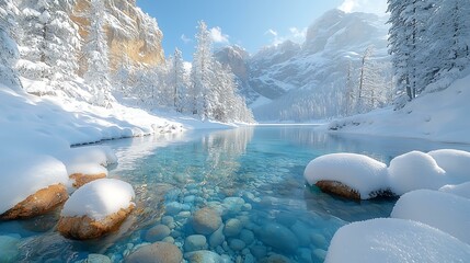 Crystal-clear turquoise lake surrounded by snowy peaks, perfect reflections