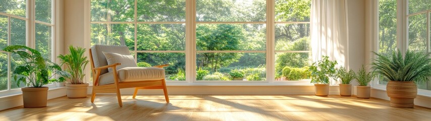 Fototapeta premium Serene Indoor Room with Large Windows, Natural Light, and Cozy Decor for a Peaceful Atmosphere