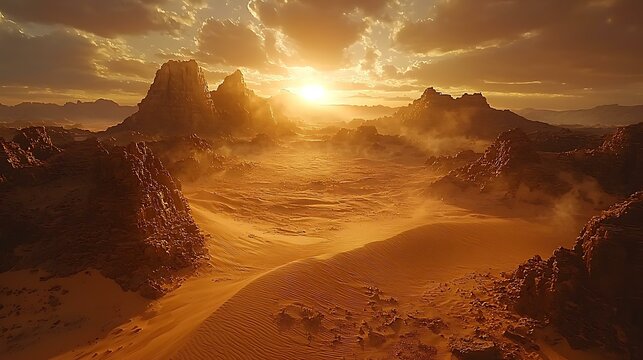 Golden desert dunes under dramatic sunset skies, fine sand details