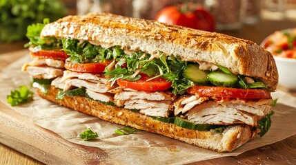 Closeup of a Wholesome Grain Sandwich Packed with Fresh Ingredients