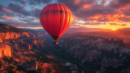 Hot air balloons floating over a colorful canyon at sunrise