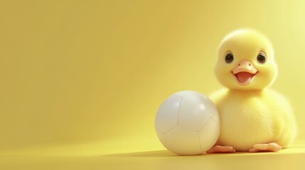 A cheerful yellow duckling sits beside a white soccer ball on a bright yellow background.
