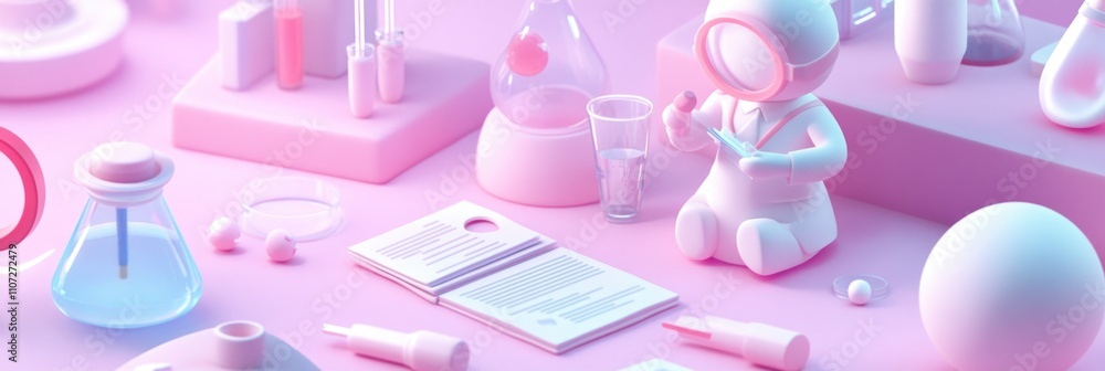 Poster a whimsical laboratory scene featuring scientific tools and a character in a spacesuit.