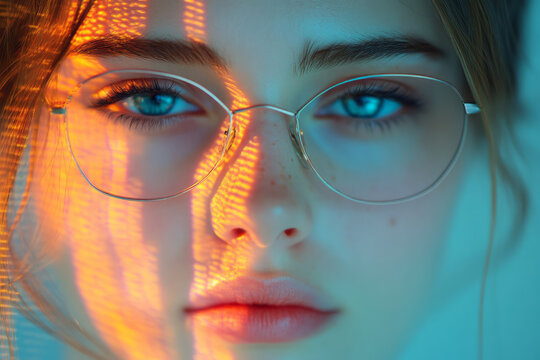 a woman with glasses and a red light