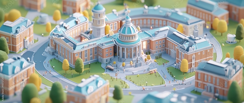 Poster a colorful, stylized architectural model of a university campus with trees and pathways.